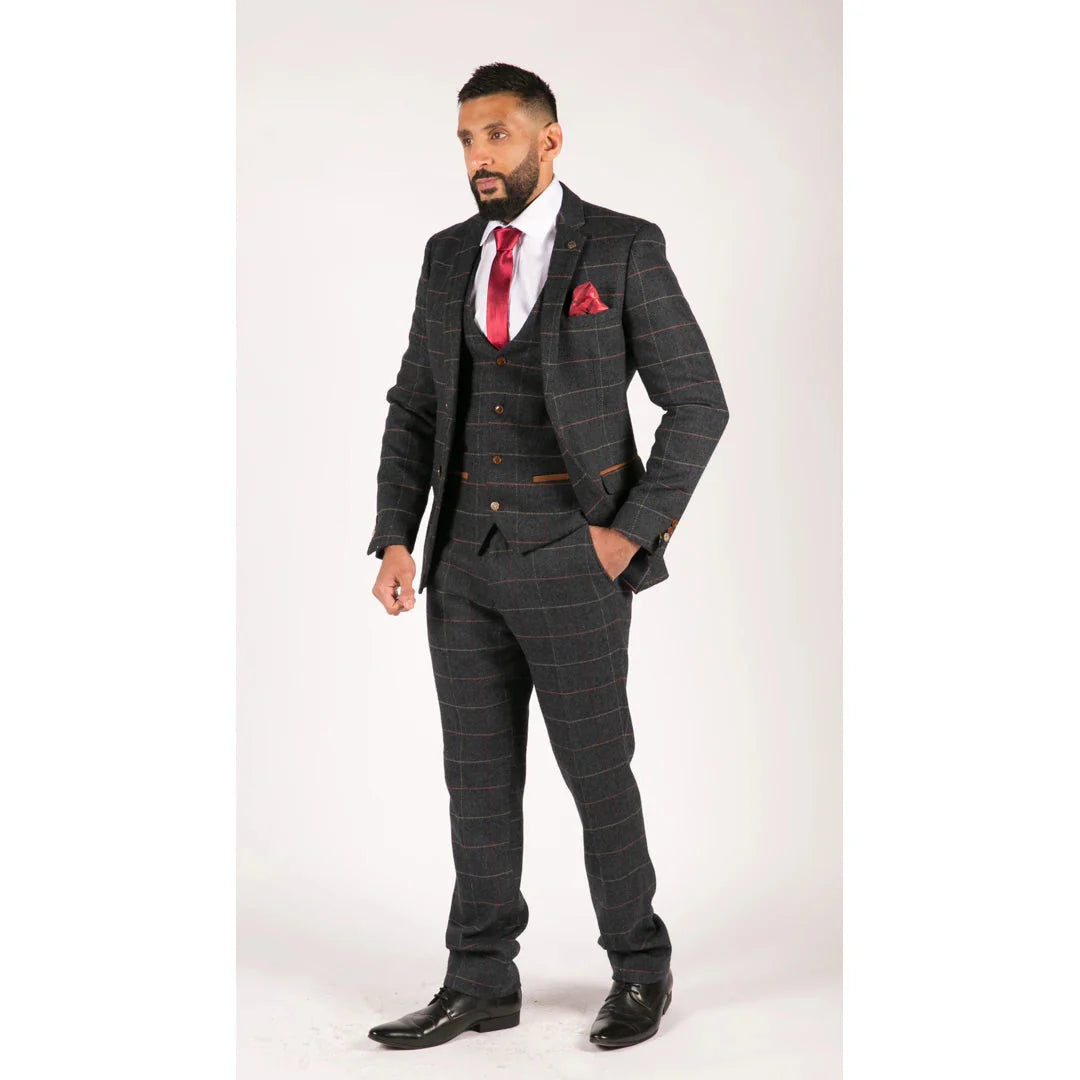 Мъжки тъмносин туид костюм от 3 части с винени карета и рибена кост, винтидж, Marc Darcy