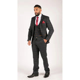 Мъжки тъмносин туид костюм от 3 части с винени карета и рибена кост, винтидж, Marc Darcy