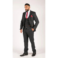 Мъжки тъмносин туид костюм от 3 части с винени карета и рибена кост, винтидж, Marc Darcy