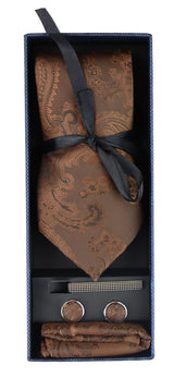 Paisley Neck Brown Tie Gift Set Pocket Square Cuff Links Tie Floral Satin