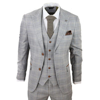 Francis Men's Grey 3-Piece Wedding Suit with Tan Brown Check and Velvet Trim