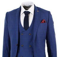Mens Blue Check 3 Piece Slim Fit Suit