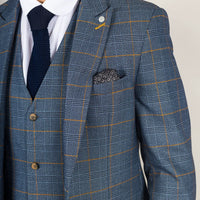 Gisborne Men's 3-Piece Navy Checked Suit with Mustard Accents