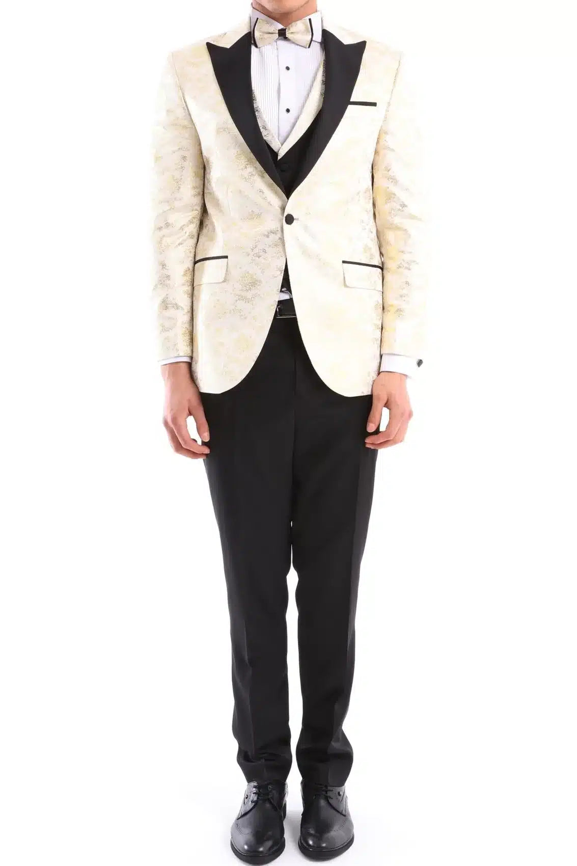 Mens 3 Piece Cream Black Ivory Suit Bow Tie Tuxedo Ceremony Wedding Grooms Prom