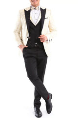 Mens 3 Piece Cream Black Ivory Suit Bow Tie Tuxedo Ceremony Wedding Grooms Prom