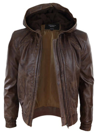 Mens Brown Leather Bomber Jacket with Hood