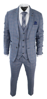 Mens 3 Piece Suit Sky Blue Check Wool Feel Marc Darcy Tailored Fit Wedding Prom Harry