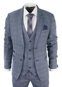 Mens 3 Piece Suit Sky Blue Check Wool Feel Marc Darcy Tailored Fit Wedding Prom Harry
