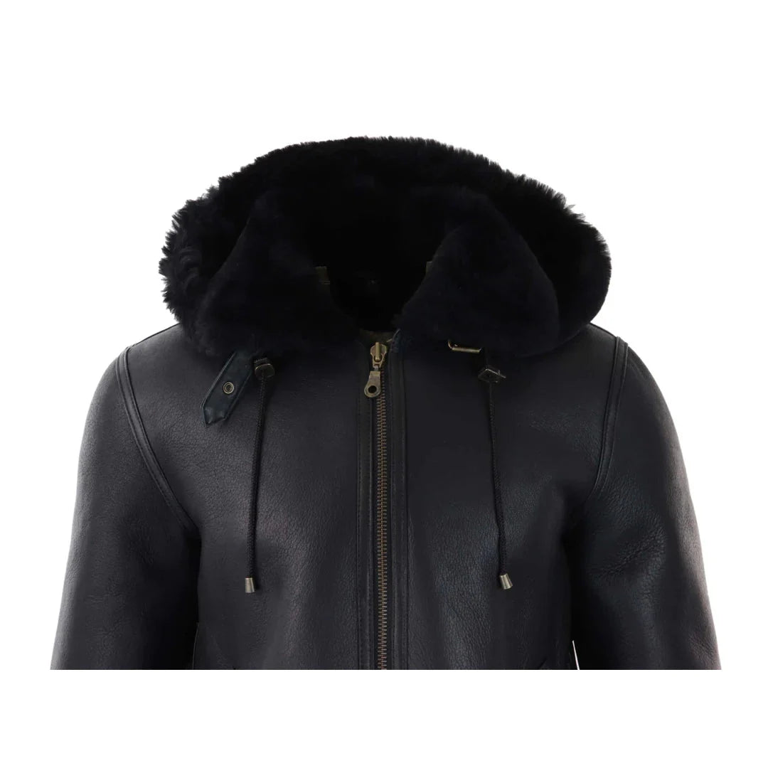 Men's Black Leather Sherling Sheepskin Hood Jacket Aviator Flying Pilot