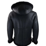 Men's Black Leather Sherling Sheepskin Hood Jacket Aviator Flying Pilot