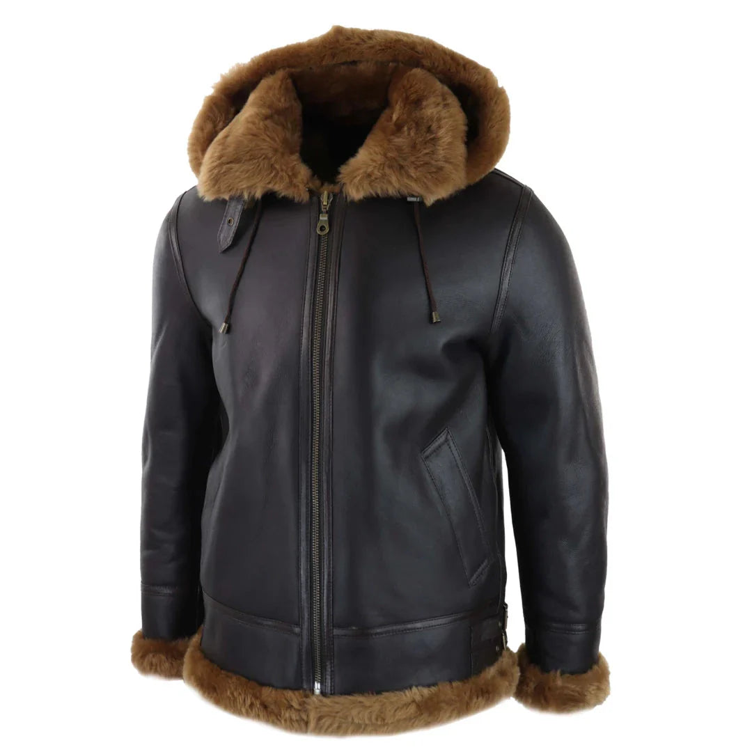 Men's Brown Leather Sherling Sheepskin Hood Jacket Aviator Flying Pilot