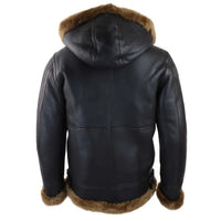 Men's Brown Leather Sherling Sheepskin Hood Jacket Aviator Flying Pilot