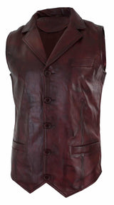 Mens Real Leather Tan Brown Black Smart Casual Gilet Waistcoat Vintage Retro-Burgundy
