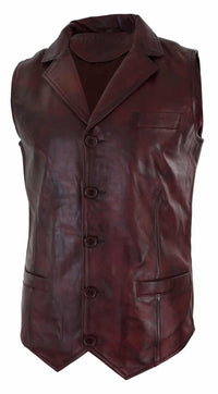 Mens Real Leather Tan Brown Black Smart Casual Gilet Waistcoat Vintage Retro-Burgundy