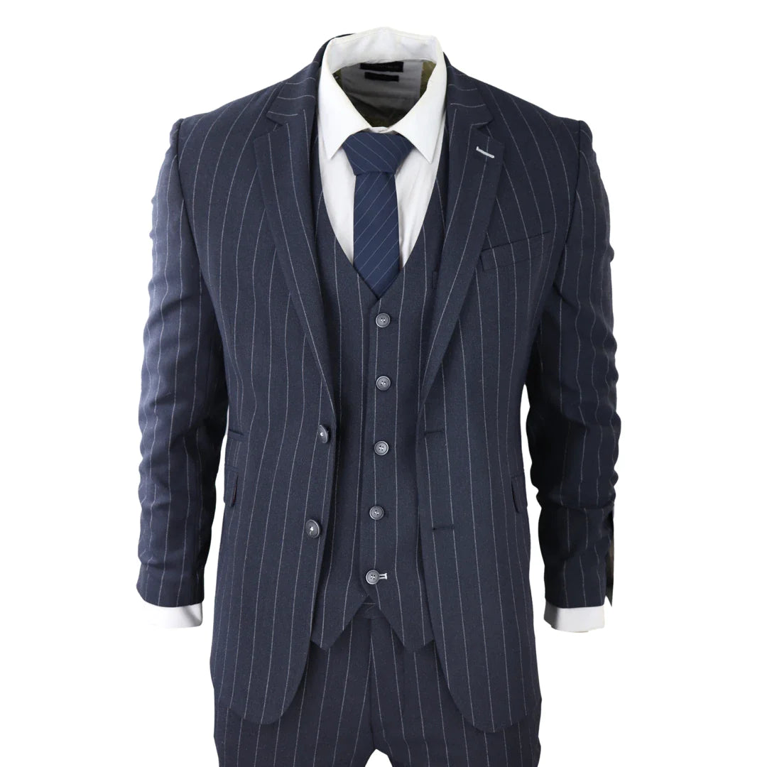 Mens 3 Piece Suit Pin Stripe Navy Classic Vintage Retro 1920s Tailored Fit Wedding