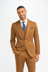 James - Men's Camel Brown 3 Piece Wool Tailored Fit Suit