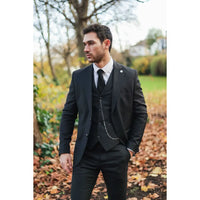 James Men's Classic Black 3-Piece Suit with Red Pocket Square