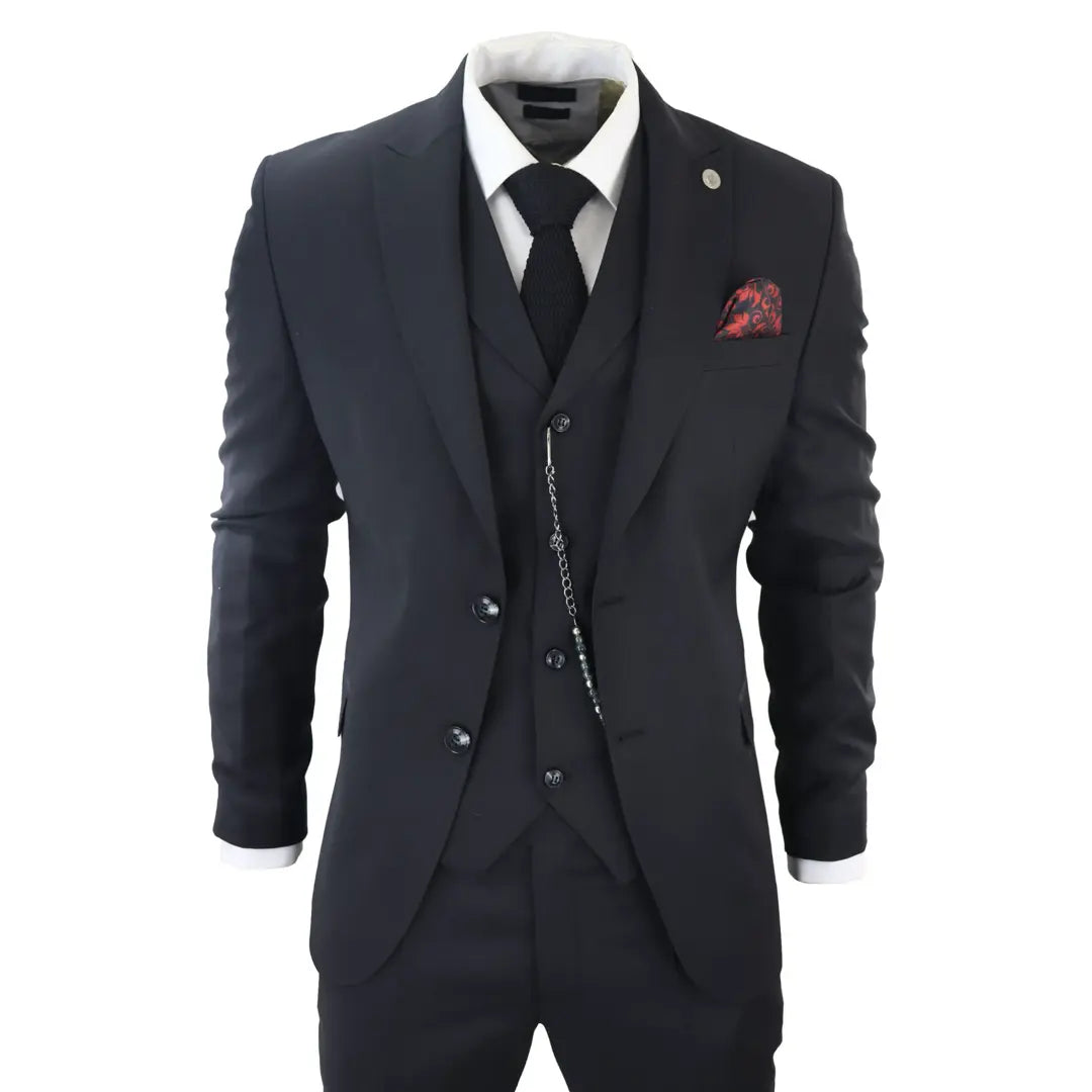 James Men's Classic Black 3-Piece Suit with Red Pocket Square