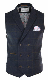 Mens Double Breasted Herringbone Tweed Peaky Blinders Vintage Check Waistcoat Navy Blue
