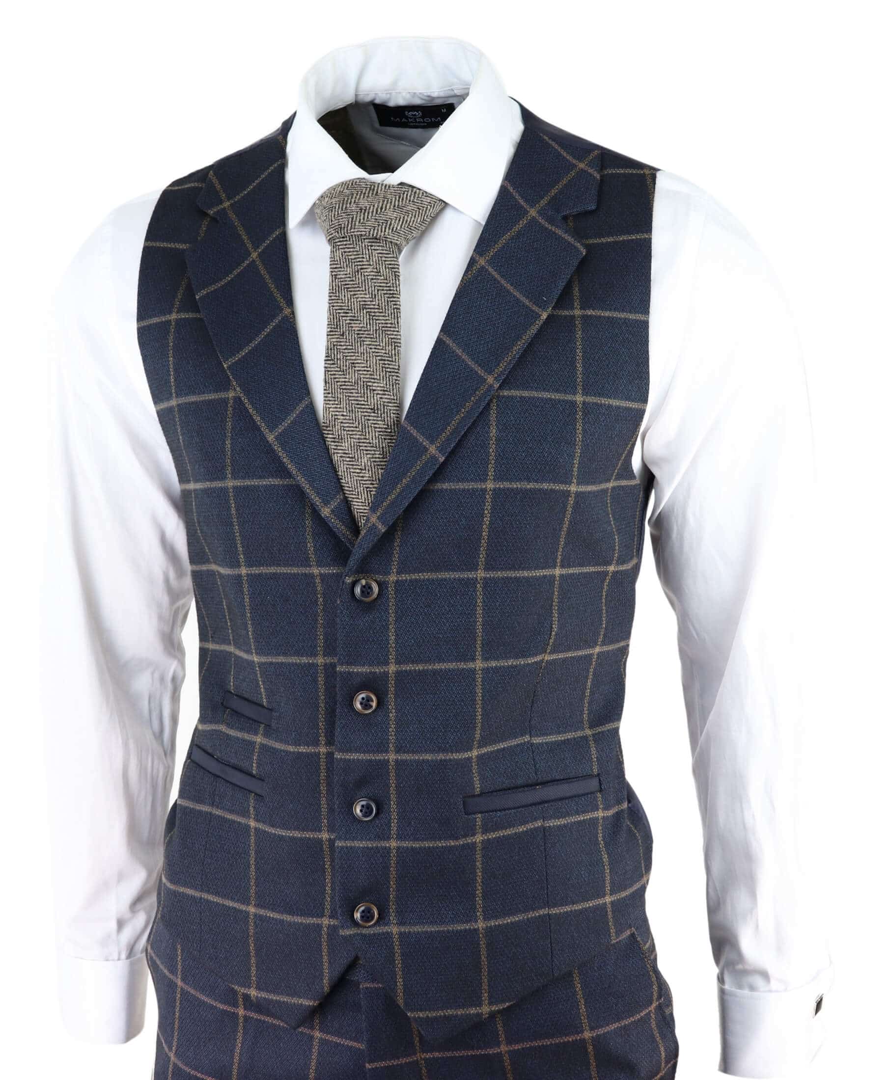 Mens Herringbone Tweed Check 3 Piece Wool Suit Peaky Blinders - Navy Blue
