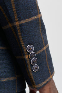 Мъжки вълнен костюм от 3 части с каре от туид и рибена кост - тъмносин