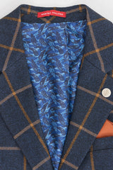 Мъжки вълнен костюм от 3 части с каре от туид и рибена кост - тъмносин