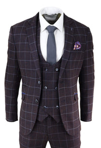 Mens Plum Check 3 Piece Suit