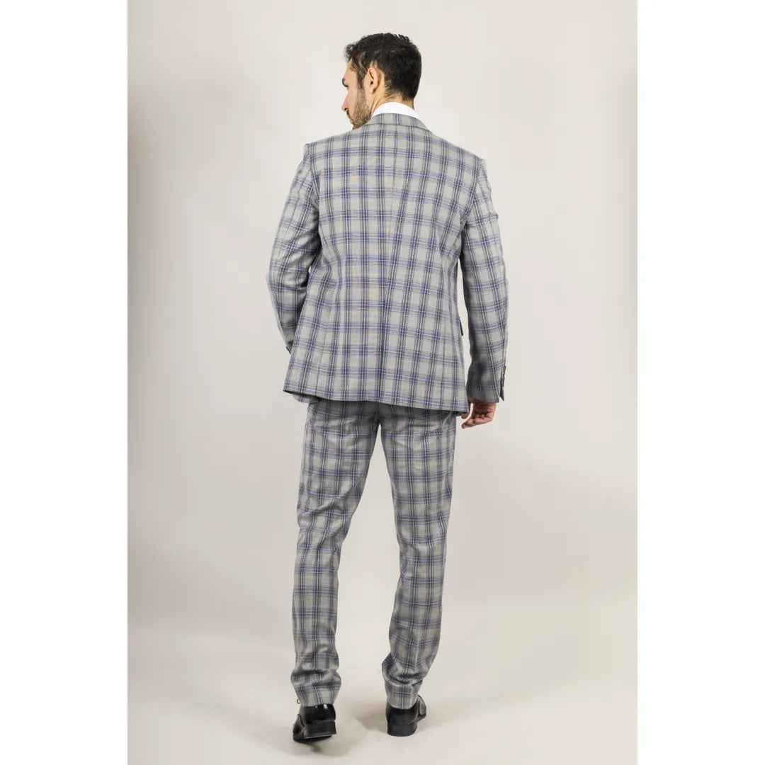 Knight Men's 3-Piece Grey and Blue Checked Suit