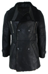 Mens Black 3/4 Military Real Sherling Sheepskin Batman Bane Double Breasted