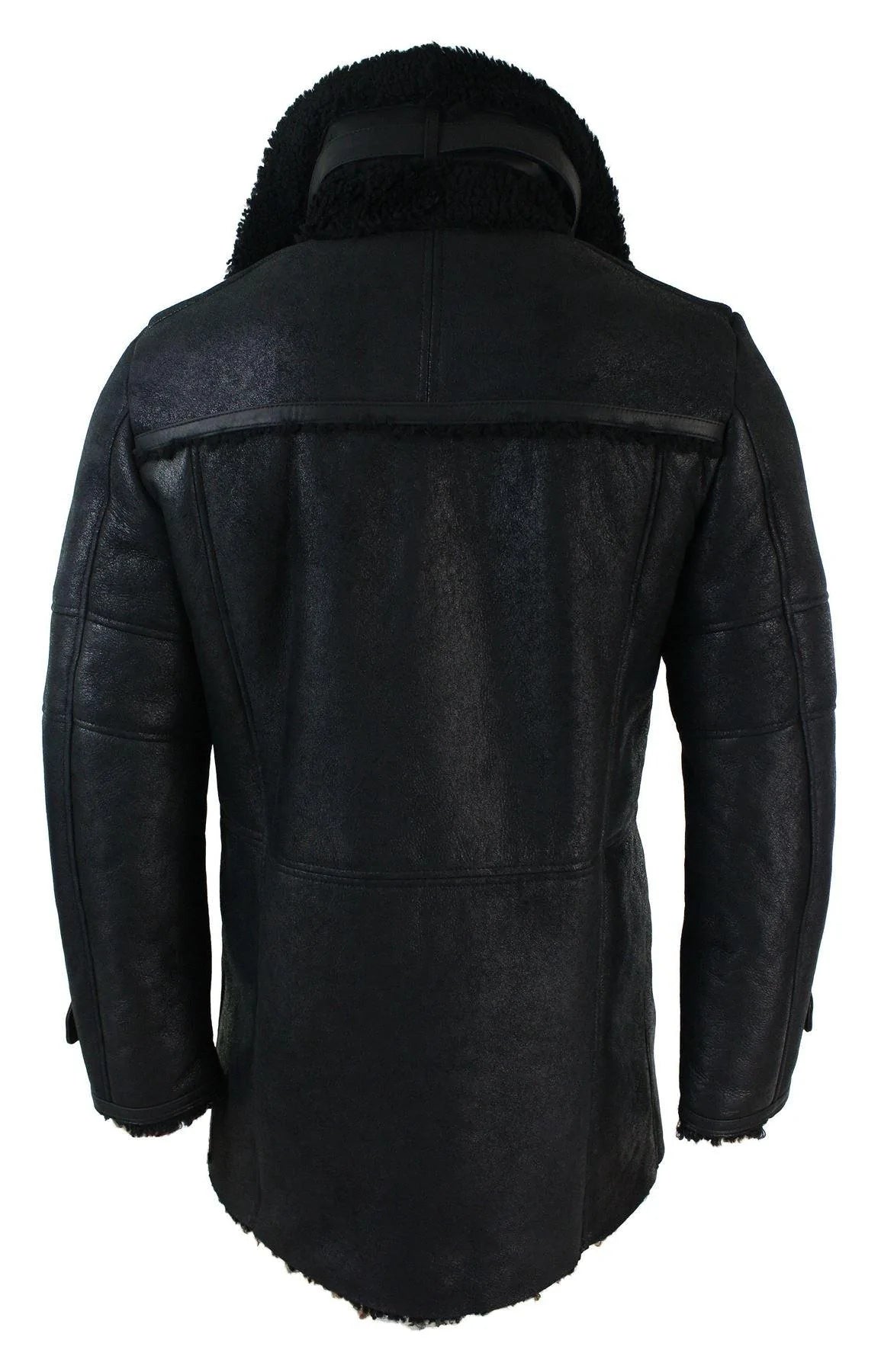 Mens Black 3/4 Military Real Sherling Sheepskin Batman Bane Double Breasted
