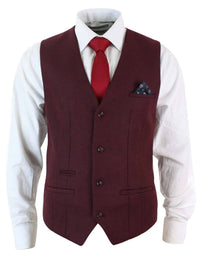 Marc Darcy Len Mati - Mens Slim Fit Burgundy Maroon Black Herringbone Tweed Vintage Retro Waistcoat