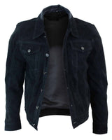 Real Suede Leather Mens Vintage Short Denim Style Retro Jean Jacket Casual - Black Color
