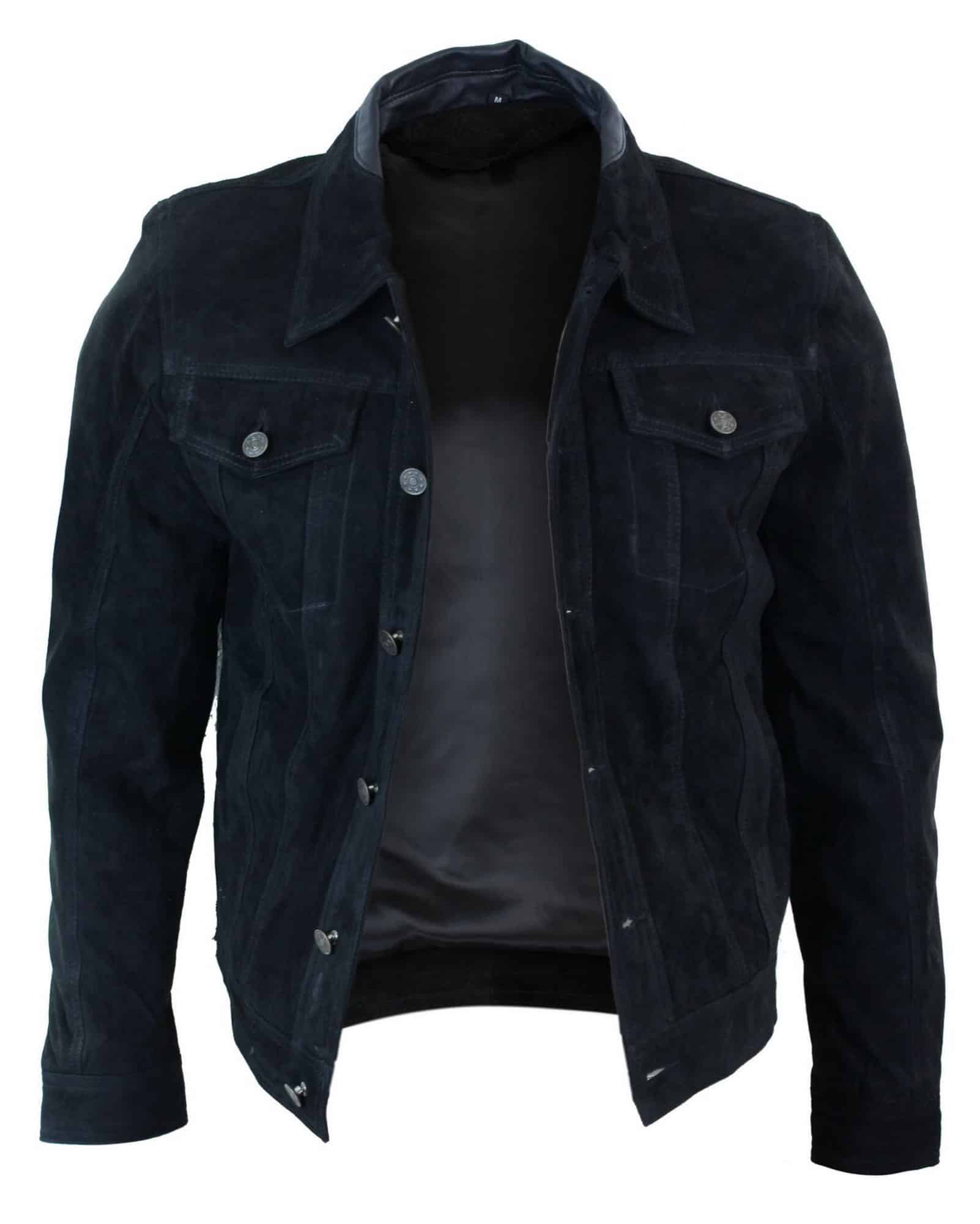 Real Suede Leather Mens Vintage Short Denim Style Retro Jean Jacket Casual - Black Color