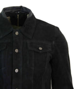 Real Suede Leather Mens Vintage Short Denim Style Retro Jean Jacket Casual - Black Color