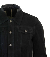 Real Suede Leather Mens Vintage Short Denim Style Retro Jean Jacket Casual - Black Color