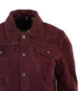 Real Suede Leather Mens Vintage Short Denim Style Retro Jean Jacket Casual - Burgundy Color