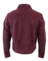 Real Suede Leather Mens Vintage Short Denim Style Retro Jean Jacket Casual - Burgundy Color