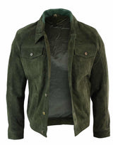 Real Suede Leather Mens Vintage Short Denim Style Retro Jean Jacket Casual - Olive Color