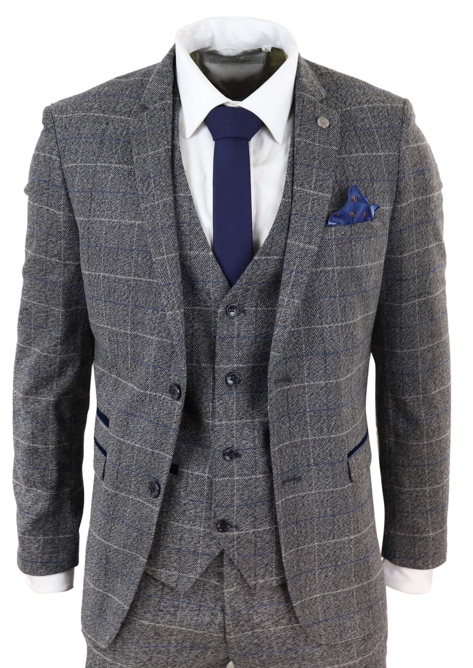 Marc Darcy Scott - Mens Grey with Blue Check 3 Piece Suit
