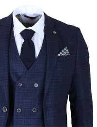 Луис - Мъжки костюм от 3 части, син на каре, с прилепнала кройка