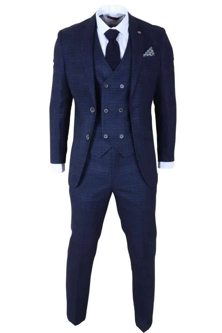 Луис - Мъжки костюм от 3 части, син на каре, с прилепнала кройка