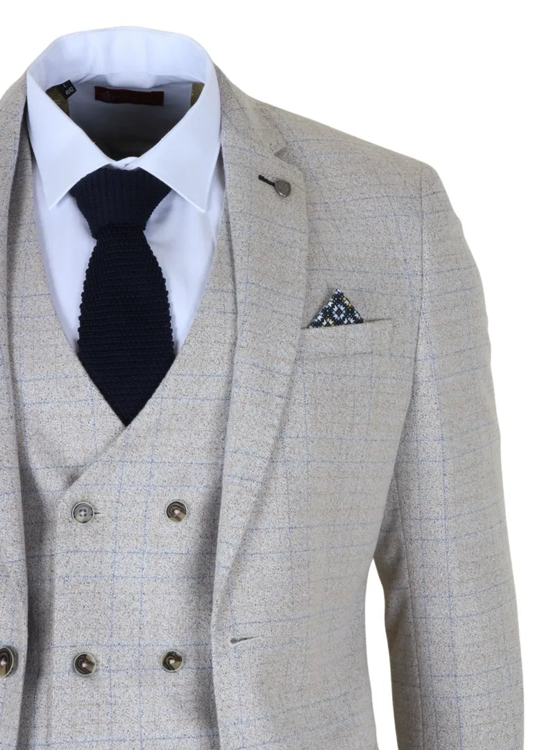 Луис - Мъжки костюм от 3 части с кремава карирана кройка и прилепнала кройка