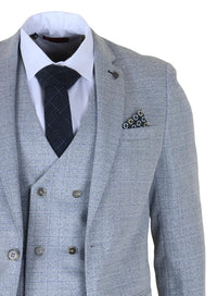 Луис - Мъжки костюм от 3 части, светлосин кариран, с прилепнала кройка