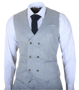 Луис - Мъжки костюм от 3 части, светлосин кариран, с прилепнала кройка