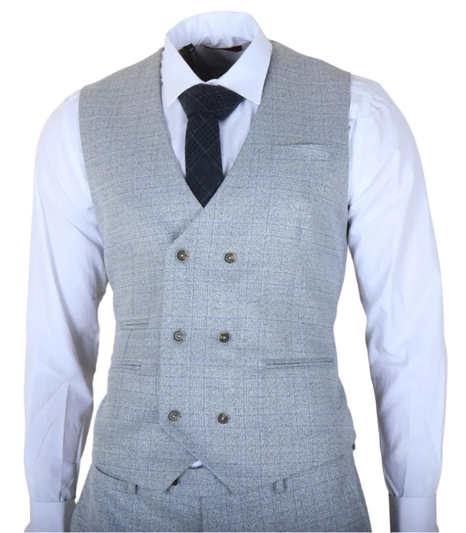 Луис - Мъжки костюм от 3 части, светлосин кариран, с прилепнала кройка