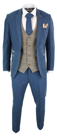 Marc Darcy Dion - Mens Blue Tan Brown 3 Piece Herringbone Tweed Check Vintage Tailored Fit Suit