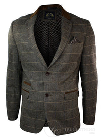 Mens Check Vintage Herringbone Tweed Grey Charcoal Blazer Jacket Fitted-Tan