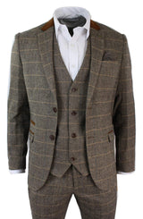 Mens Check Vintage Herringbone Tweed Tan 3 Piece Suit Slim Fit Wedding