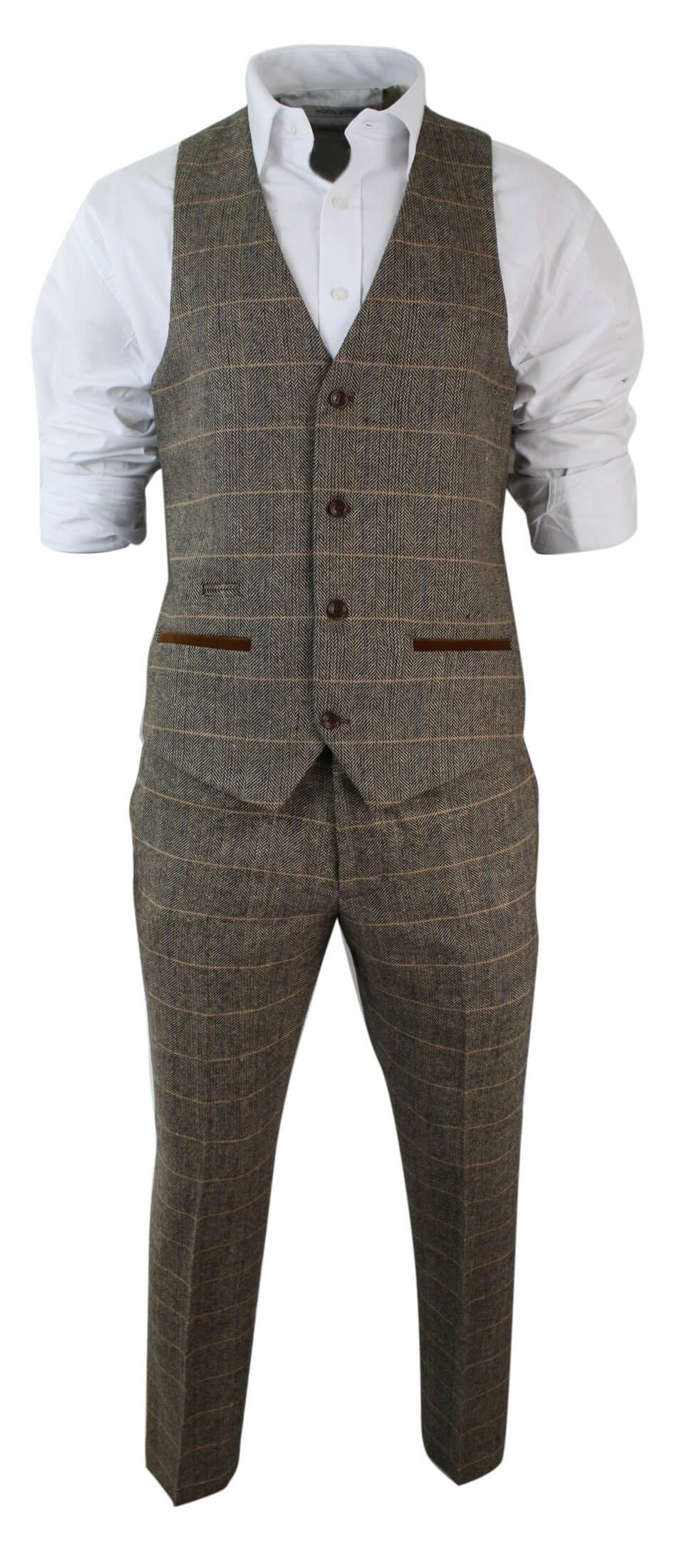 Mens Check Vintage Herringbone Tweed Tan 3 Piece Suit Slim Fit Wedding