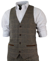 Mens Check Vintage Herringbone Tweed Tan 3 Piece Suit Slim Fit Wedding